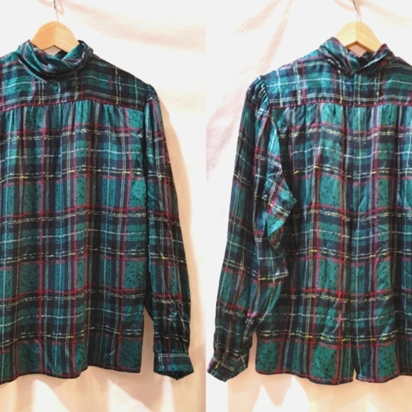 Jerri Sherman Silk Blouse Green Red Black Plaid Long Sleeve Size 4 Vintage - Picture 1 of 11